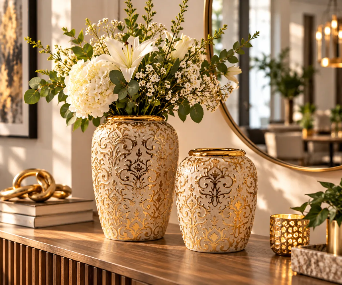 JARRON DE CERAMICA CREMA Y DORADO - imagen 4