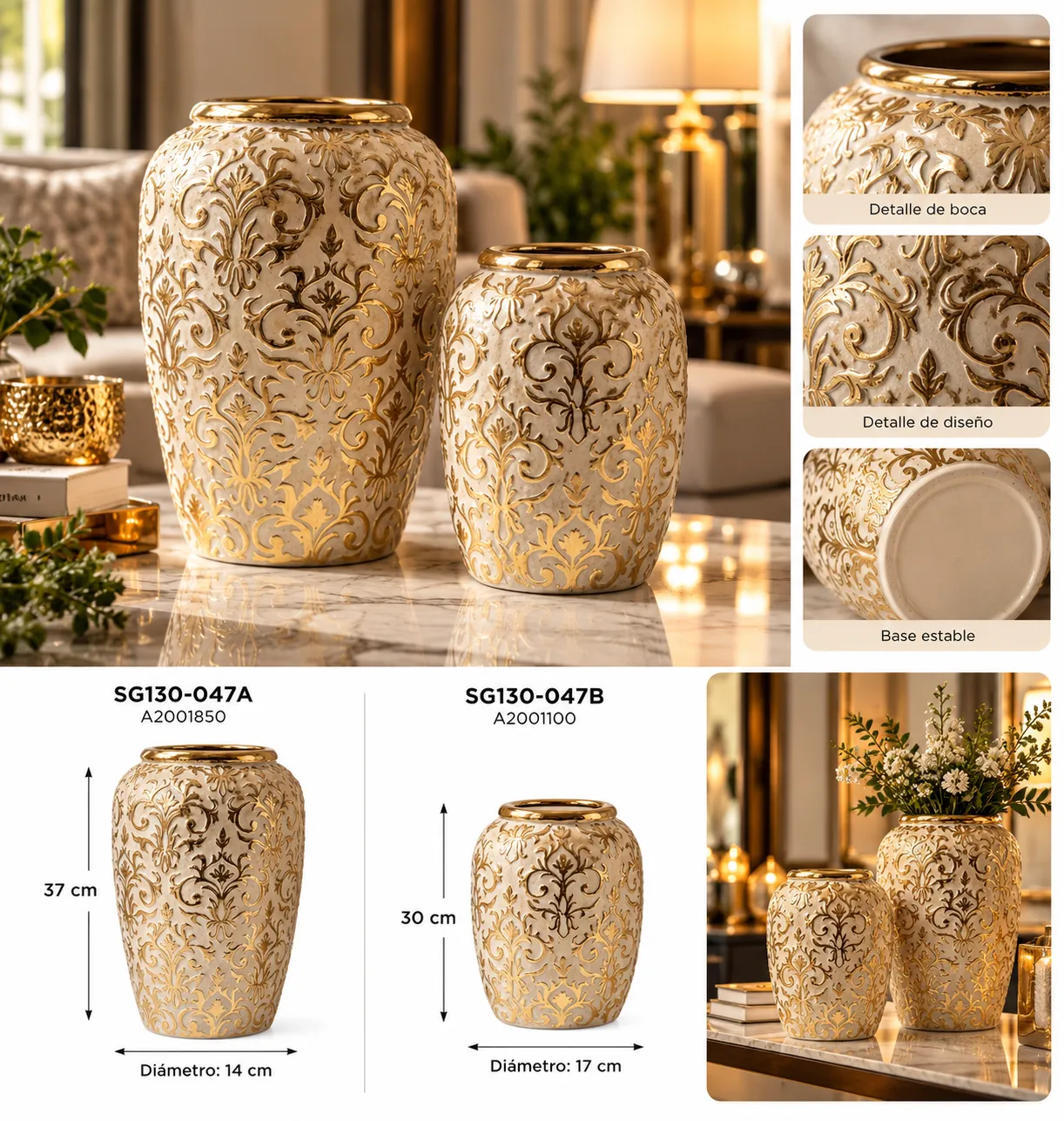 JARRON DE CERAMICA CREMA Y DORADO - imagen 2