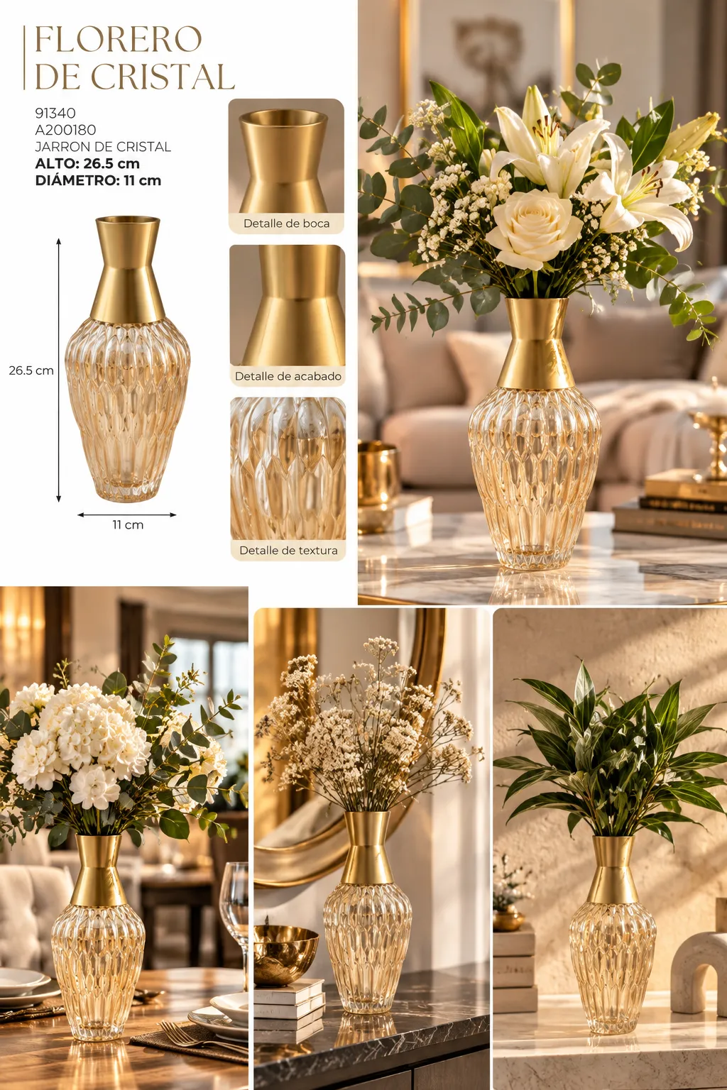 FLORERO DE CRISTAL AMBAR CON CUELLO DORADO - imagen 2