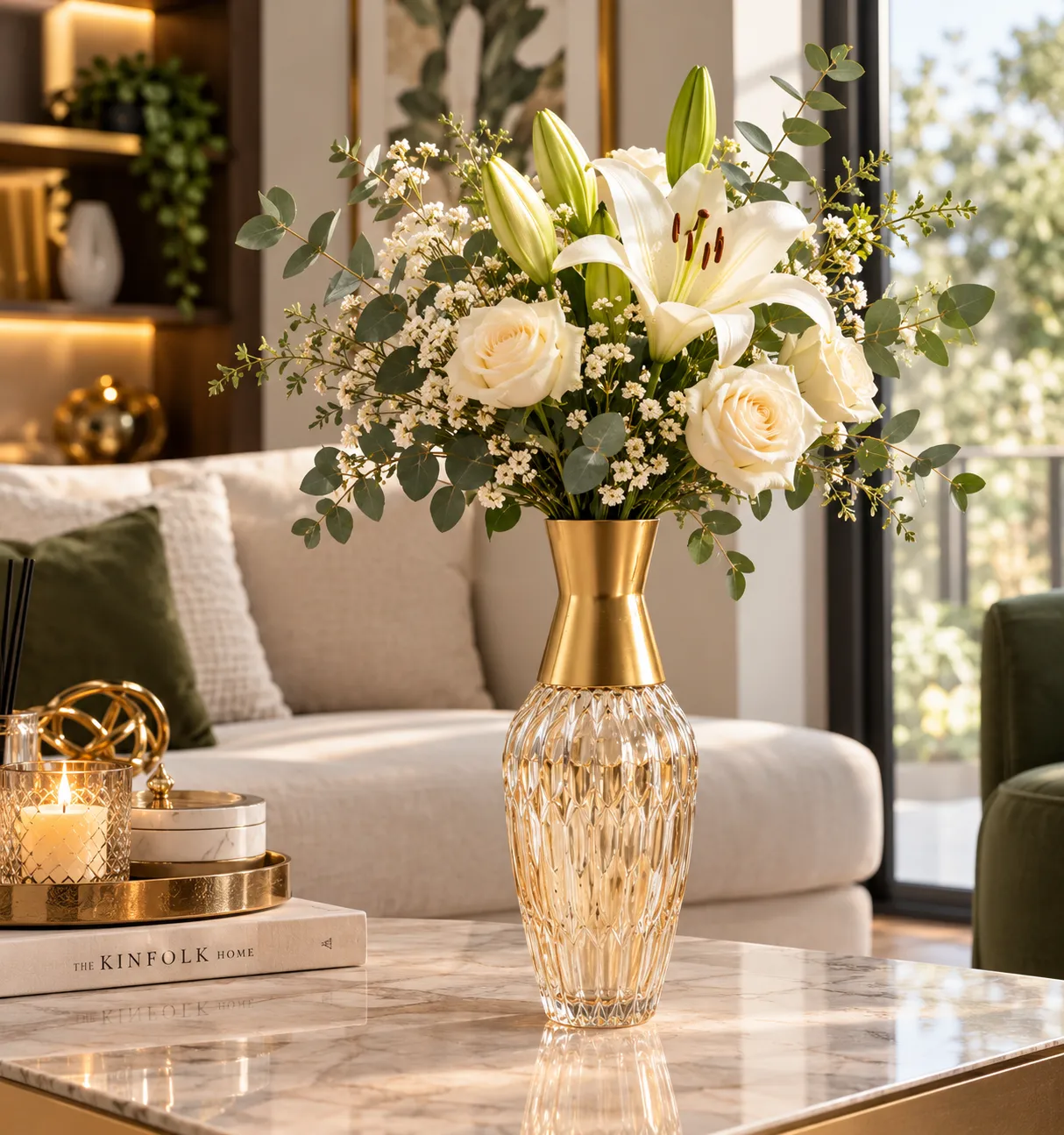 FLORERO DE CRISTAL AMBAR CON CUELLO DORADO - imagen 4