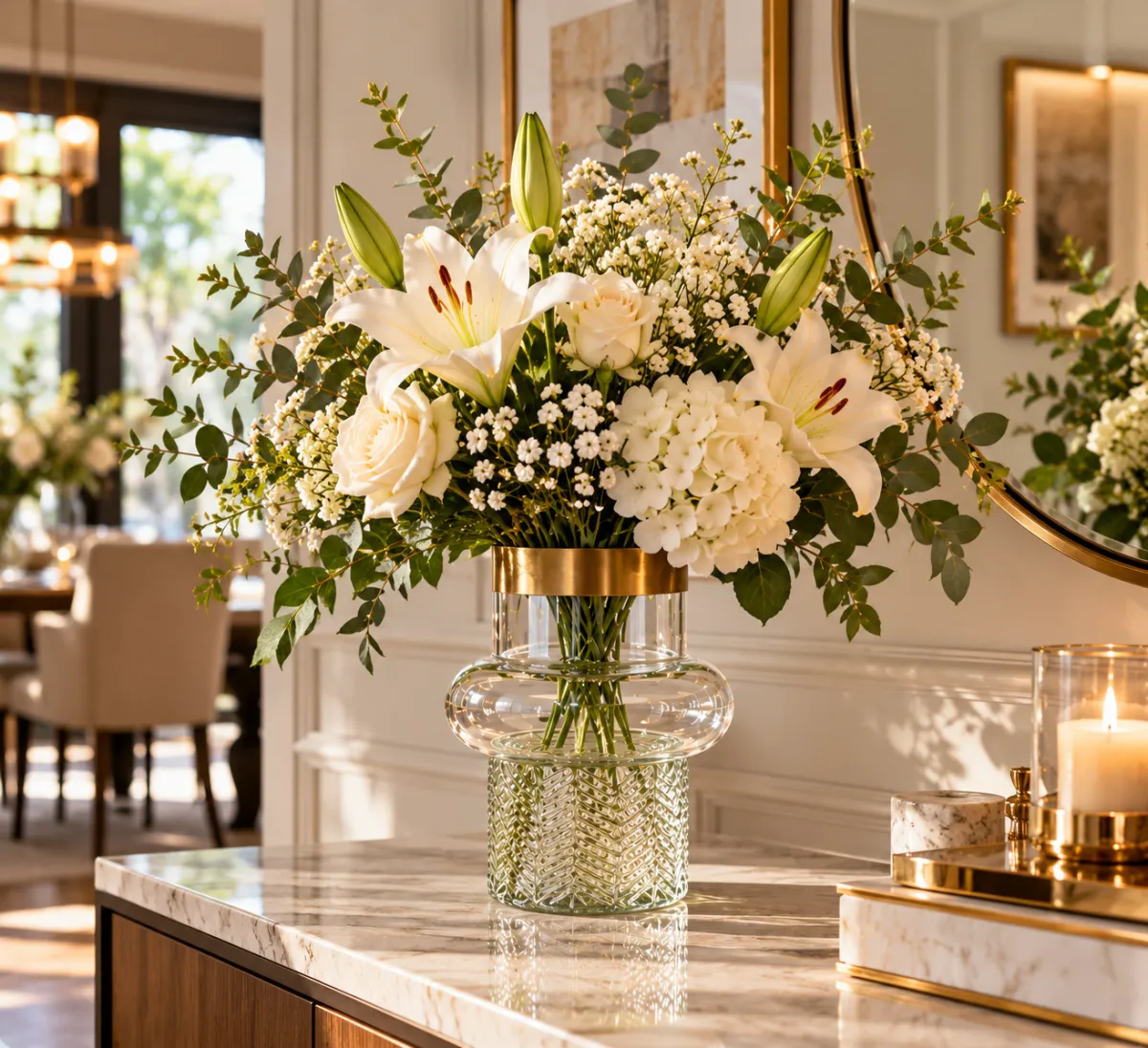 FLORERO DE CRISTAL CON RELIEVE Y DETALLADE DORADO