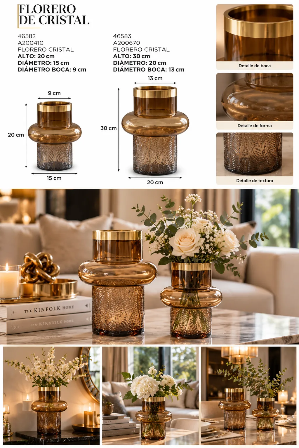 FLORERO DE CRISTAL CON RELIEVE Y DETALLADE DORADO