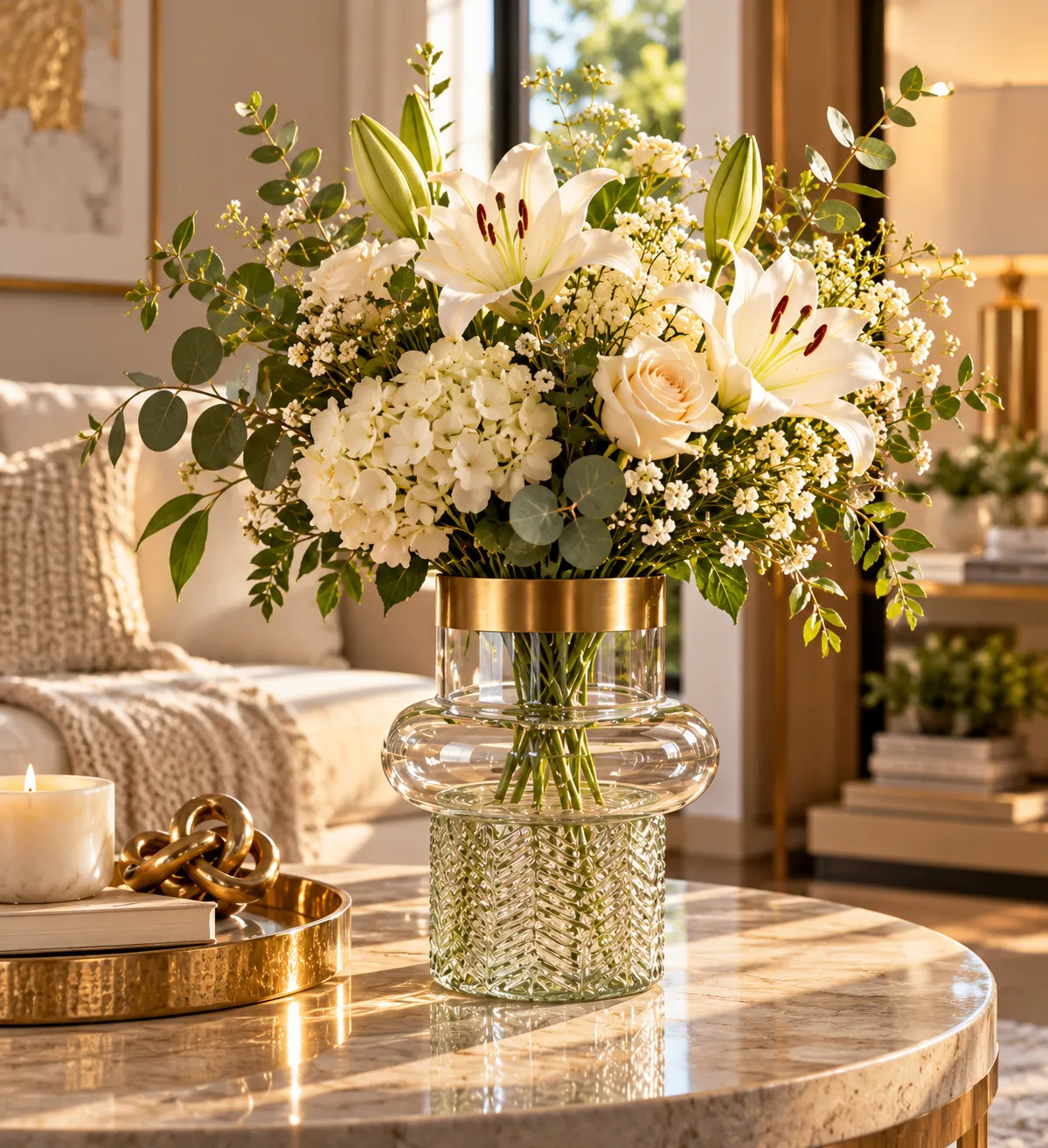 FLORERO DE CRISTAL CON RELIEVE Y DETALLADE DORADO