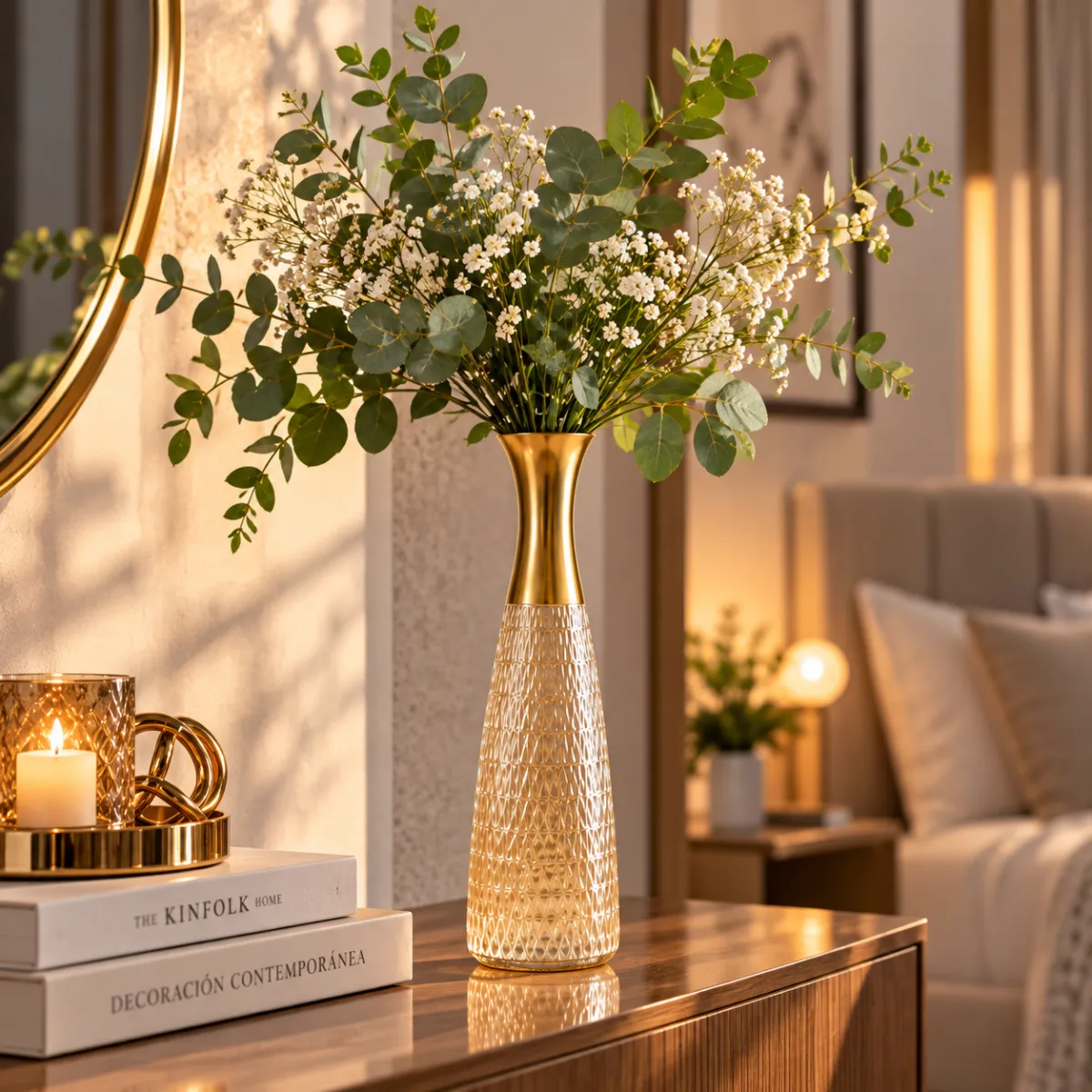 FLORERO DE CRISTAL ALTO CON CUELLO DORADO