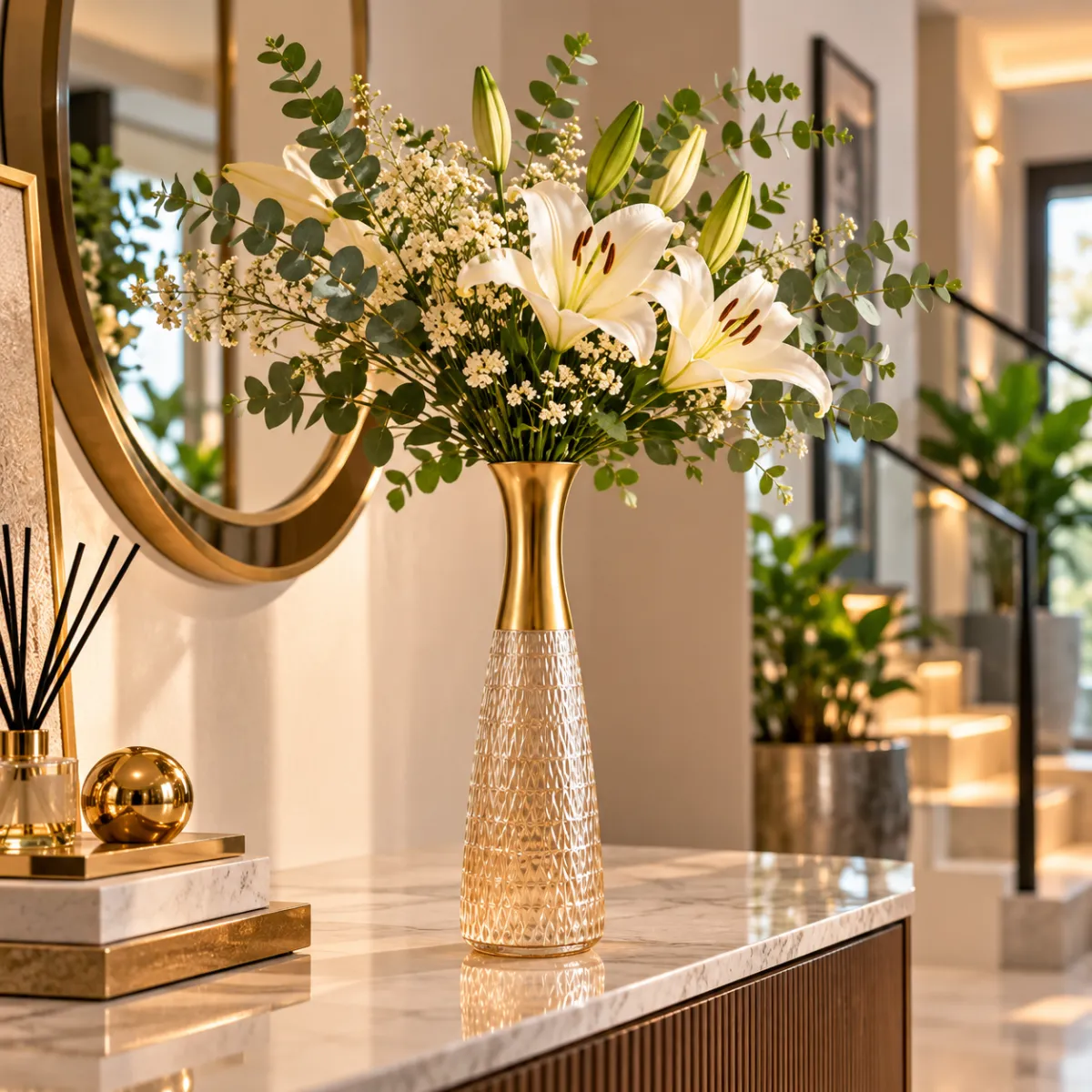 FLORERO DE CRISTAL ALTO CON CUELLO DORADO - imagen 3