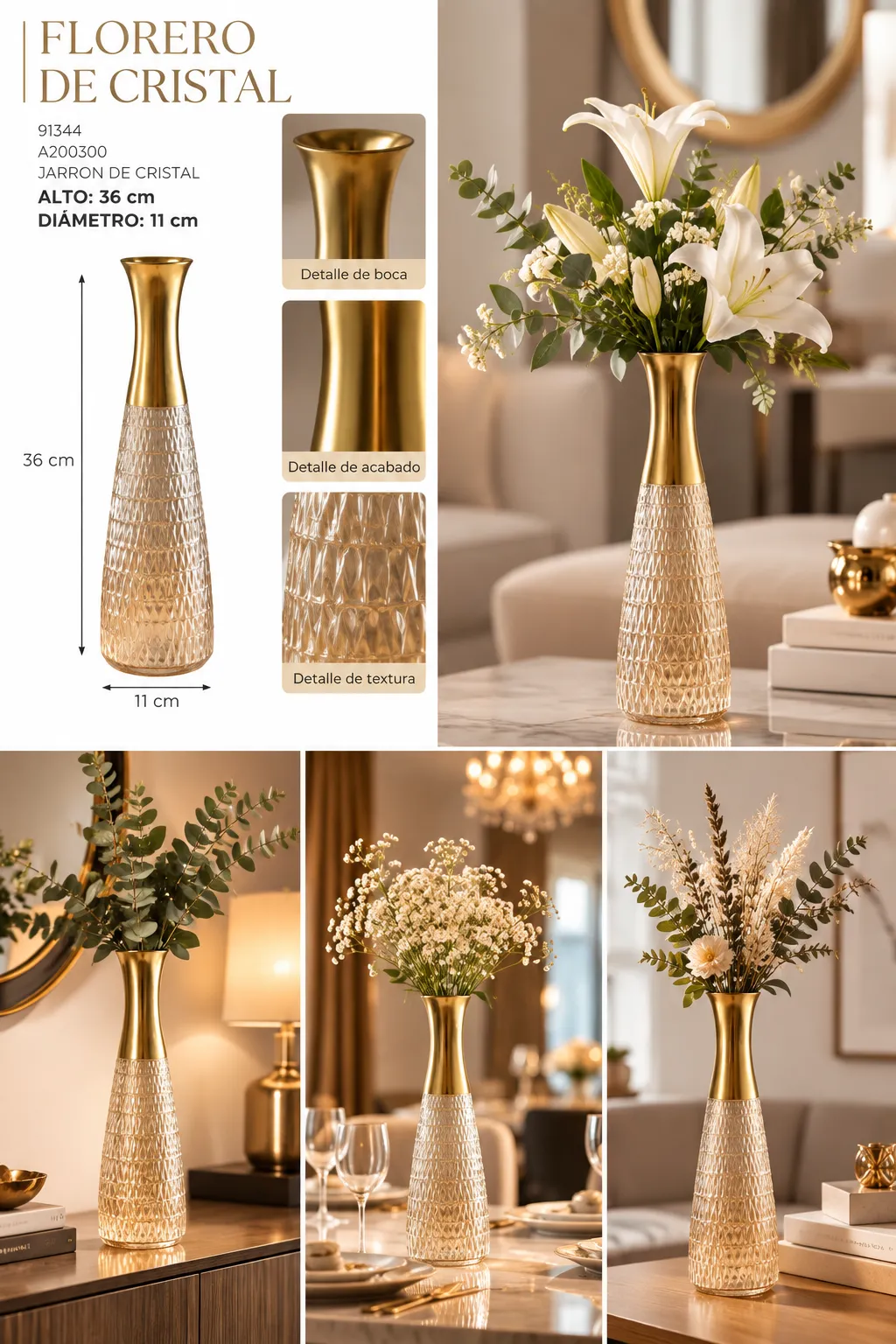 FLORERO DE CRISTAL ALTO CON CUELLO DORADO - imagen 2