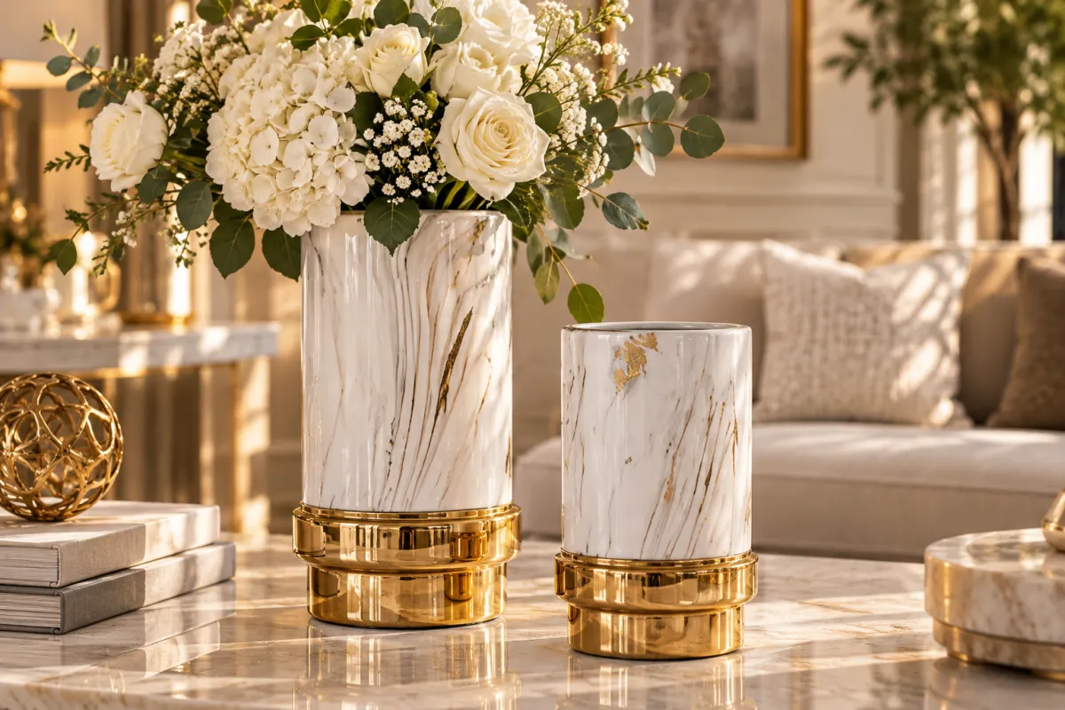 SET DE FLORERO BLANCO CON VETA DORADA TG-09