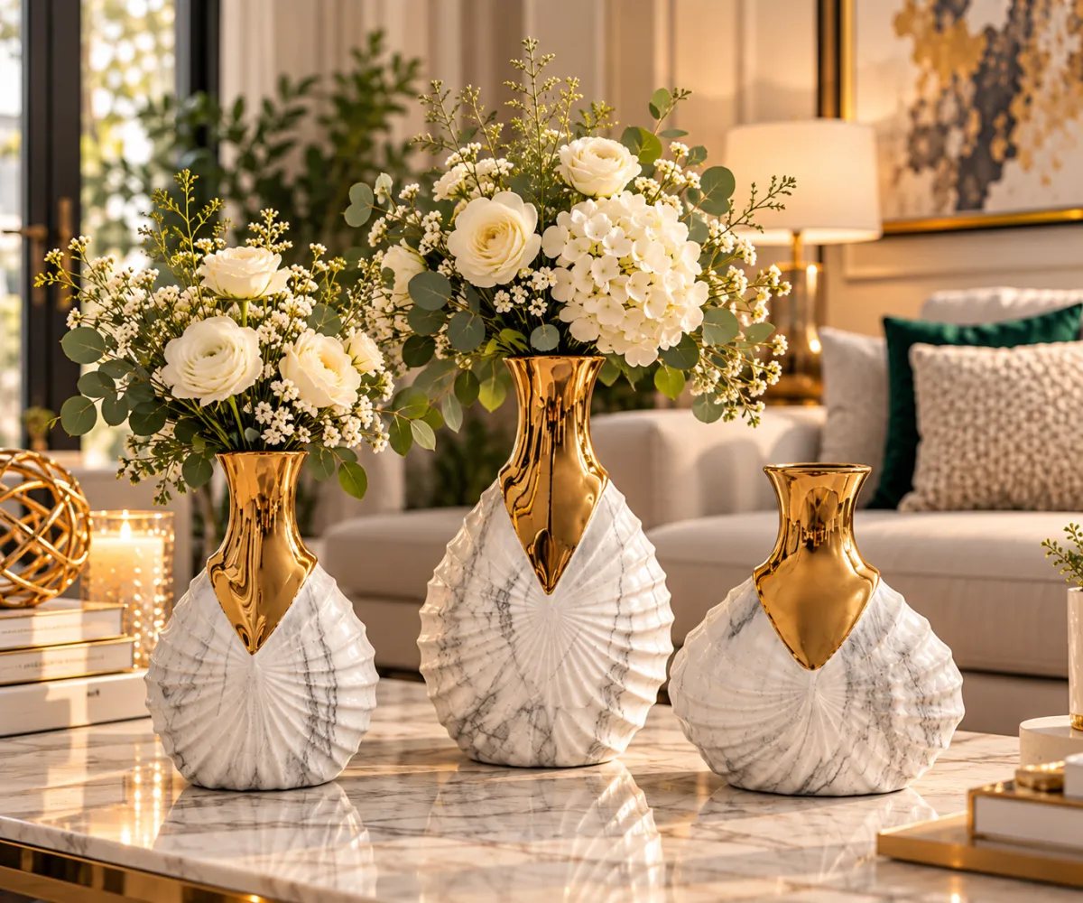 FLORERO CERAMICA BLANCO MARMOLEADO Y DORADO - imagen 3