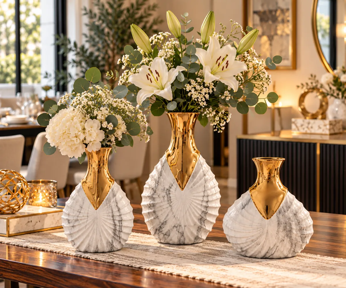 FLORERO CERAMICA BLANCO MARMOLEADO Y DORADO - imagen 4