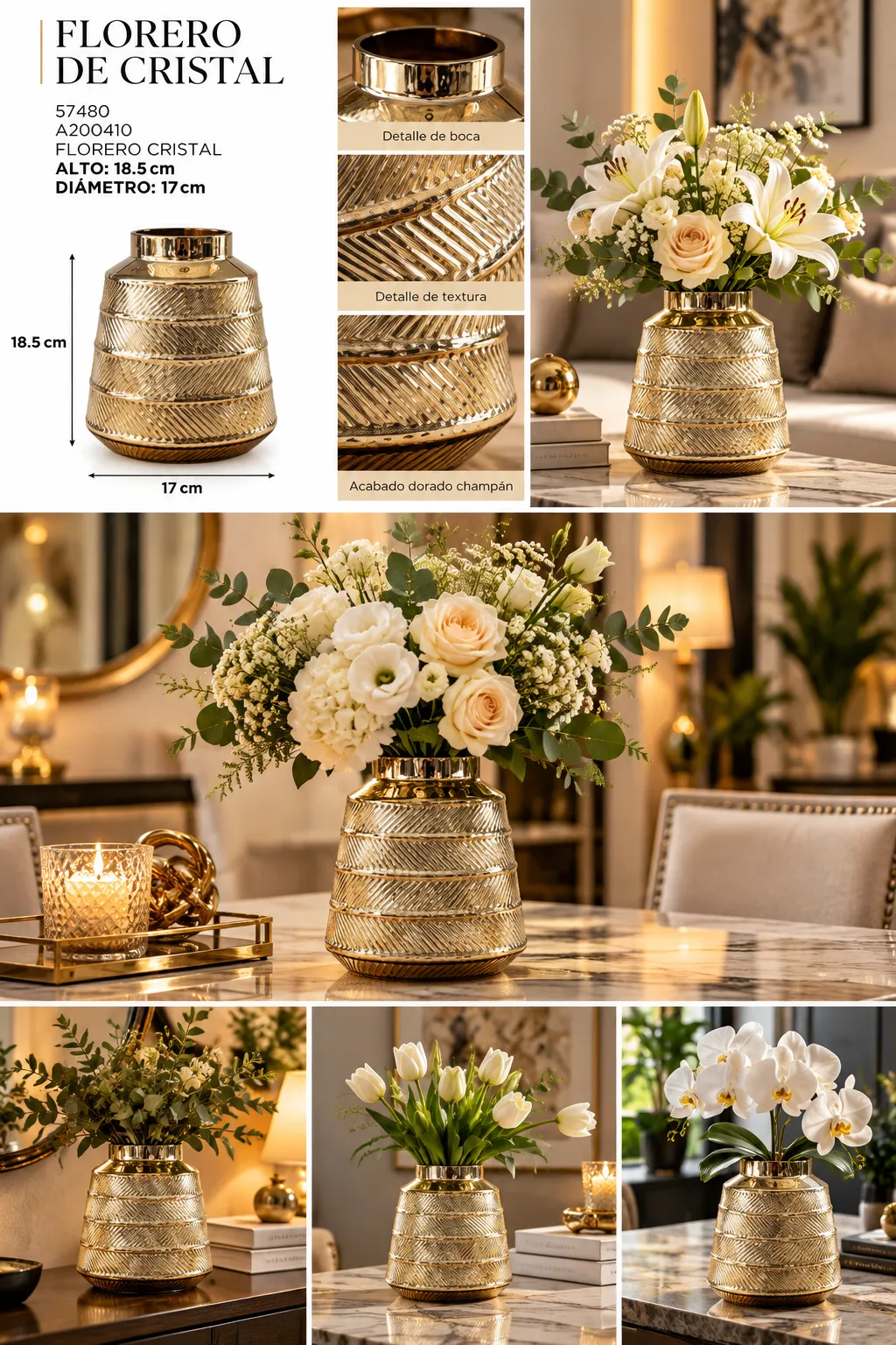 FLORERO DE CRISTAL DORADO TEXTURIZADO - imagen 4